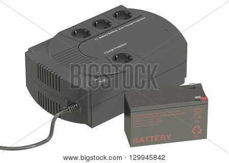 Uninterruptible power supply UPS with battery. 3D rendering isolated on white background
