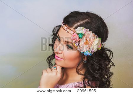 Beautiful Brunnet Woman With Flower Wreath