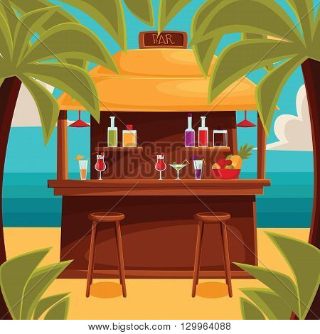 Beach bar on plage, summer barroom on vacation, cocktails on the sea with palm trees and water, ocean garizont visible for summer cafe, color illustration. variety summer drinks at the counter