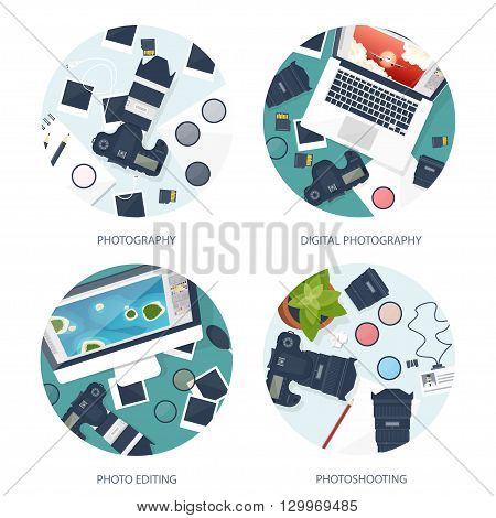 Photographer equipment on a table. Photography tools, photo editing, photoshooting flat background.  Digital photocamera with lens. Vector illustration.