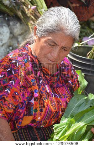 CHICHICASTENANGO GUSTEMALA APRIL 29 2016: Portrait of a Mayan woman. The Mayan people still make up a majority of the population in Guatemala,