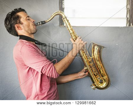 Jazzman Musical Artist Playing Saxophone Concept