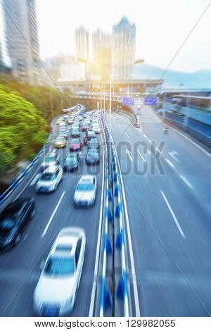 blurred motion traffic in the downtown district,chongqing china.
