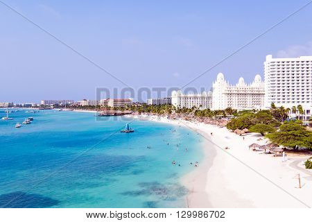 Aerial from Palm beach at Aruba in the Caribbean Sea