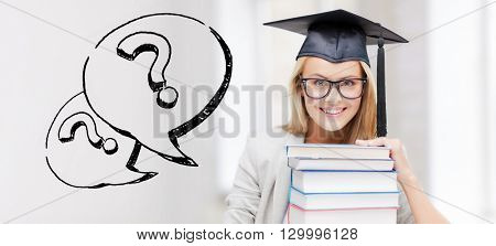 education, school, graduation and people concept - happy student girl or woman in graduation cap with stack of books over question marks