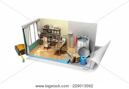 Concept Of Repair Work Isometric Low Poly Home Room Renovation Icon 3d Render On White No Shadow