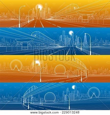 Transportation Urban Panorama Set. Monorail Railway. Train On The Bridge. Illuminated Highway. Skyli