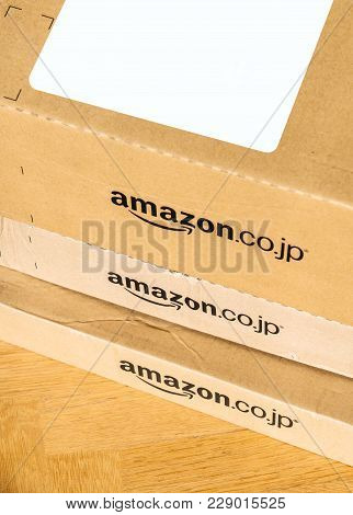 Paris, France - Feb 21, 2018: Parcel Delivery - View From Above Of Multiple Amazon Prime Japan Boxes
