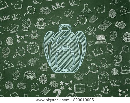 Learning Concept: Chalk Blue Backpack Icon On School Board Background With  Hand Drawn Education Ico