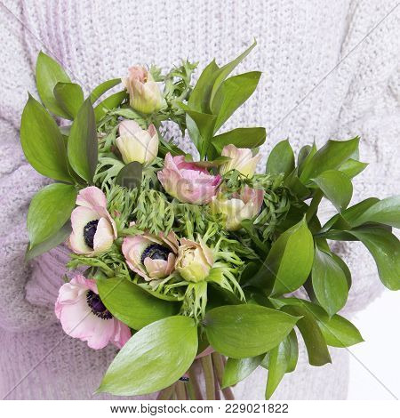 Girl In White Wool Sweater Holds A Wedding Bouquet Of Anemones And Ruscus On The White Background
