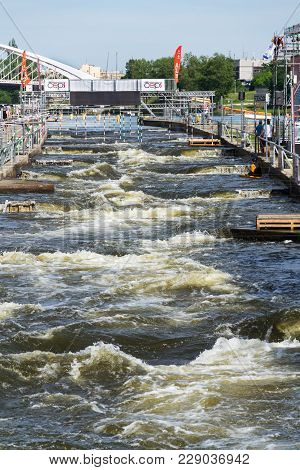 Prague, Czech Republic - June 11 2017: People In Canoe Slalom Course On Prague-troje Canoeing Centre