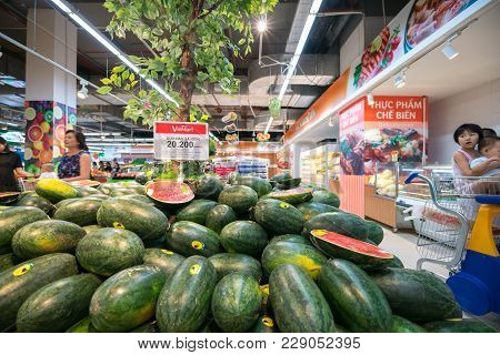 Hanoi, Vietnam - July 10, 2017: Fresh Watermelon On Shelf In Vinmart Supermarket, Minh Khai Street.