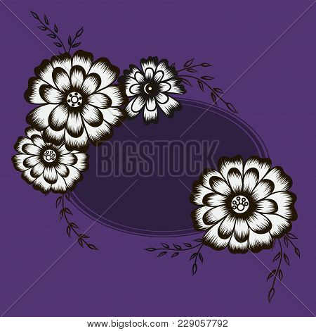 Floral Ornament And Round Frame On A Violet Background