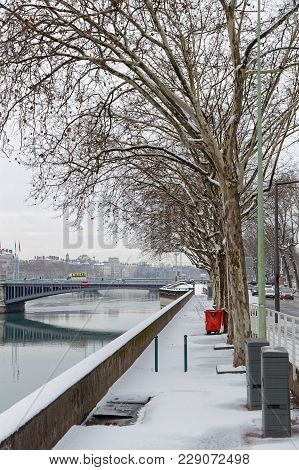 Lyon, France, March 1, 2018 : Rhone River Banks As A Cold Spell Rages In All Europe And The Capital 