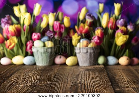 Easter Theme. Easter Eggs. Colorful Tulips. Rustic Wooden Table. Shallow Depth Of Focus. Bokeh Backg