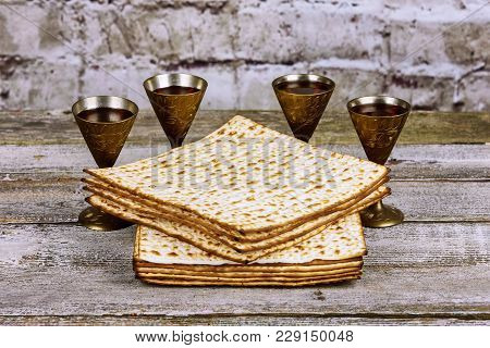 Pesah Celebration Concept Jewish Matzah Bread With Wine. Passover Holiday Concept