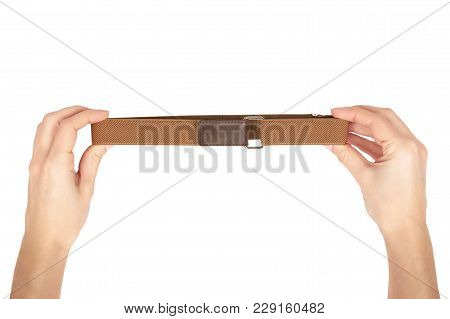 Brown Textile Kid Belt With Hand. Isolated On White Background. Children Clothing Accessorry.
