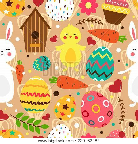 Easter Bright Seamless Pattern. Vector Illustration In Flat