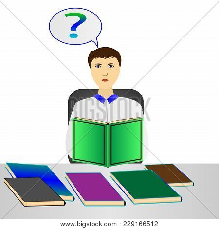 Vector, Illustration Man Reading A Book, Puzzled By The Question