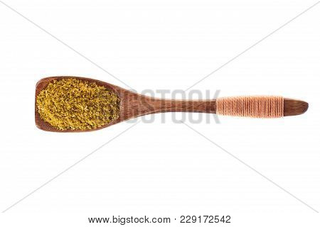 Khmeli Suneli In A Spoon, Top View. Condiment Isolated On White Background