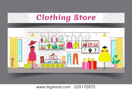 Clothing Store Interior, Poster With Hall And Changing Rooms, Dresses And Perfumes, Bags And Sweater