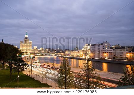 Beautiful View On Building Of Skyscraper On Kotelnicheskaya Embankment Moscow River On Dramatic Blue