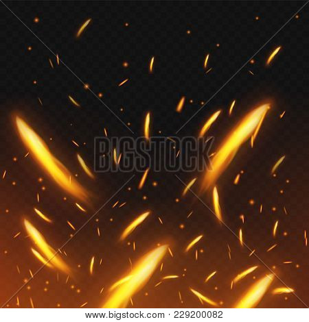 Fire Sparks Flying. Firestorm Texture. Sparks Charcoal. On Transparent Background. Vector Illustrati