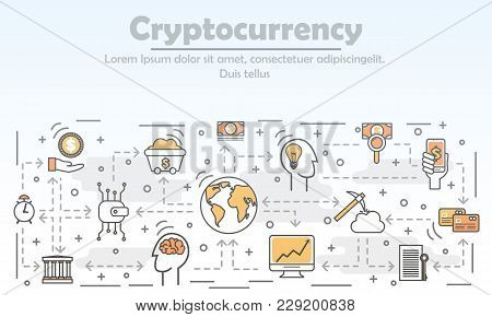 Cryptocurrency Advertising Concept Vector Illustration. Modern Thin Line Art Flat Style Design Eleme