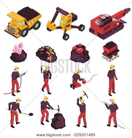 Mining Workers Products And Equipment Isometric Icons Collection With Excavator Boring And Transport
