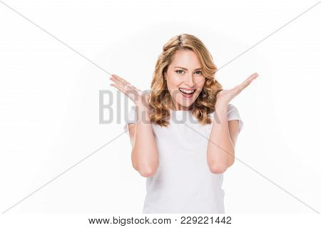 Portrait Of Excited Caucasian Woman Looking At Camera Isolated On White
