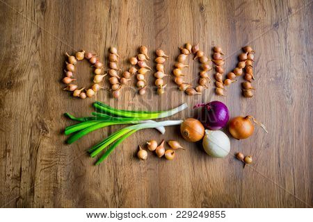 Onion, The Word Onion Is Written In Small Bulbs. Top View, Place For The Text
