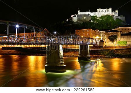 Salzburg Castle At Night And The Long Exposure River