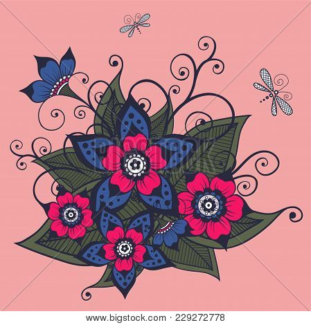 Flower Vector Ornament In The Form Of A Bouquet And Dragonfly.