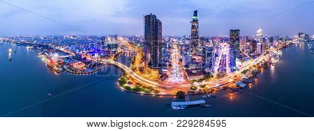 Ho Chi Minh, Vietnam-jan 01,2018: Top View Aerial Photo From Flying Drone Of Center City, A Develope