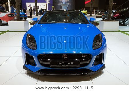 Brussels - Jan 10, 2018: Jaguar F-type Sports Car Showcased At The Brussels Motor Show.