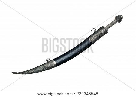 Vintage Traditional Caucasian Curved Dagger In Sheath On White Background