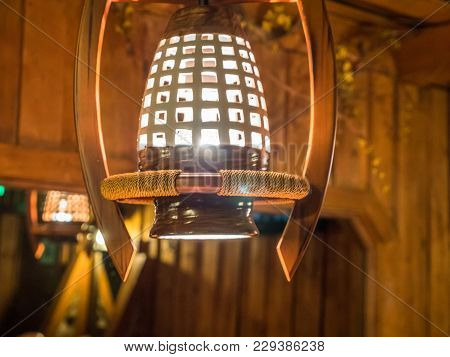 Closeup Wooden Vitage Retro Style Ceiling Lamp.