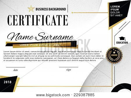 Creative Luxury Certificate Of Appreciation Award Template With Black And Golden Shapes And Badge, W