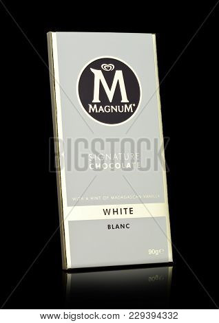 London, Uk - March 01, 2018: Luxury Chocolate Bar Of Magnum Signature White Chocolate On Black Backg