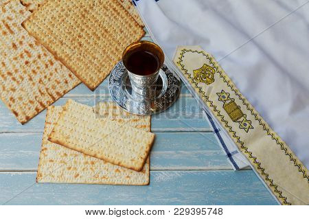 Pesah Celebration Concept Jewish Matzah Bread With Wine. Passover Holiday Concept
