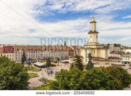 The Center Of Historic European City Ivano Frankivsk In Summer. Old Beautiful Architecture.