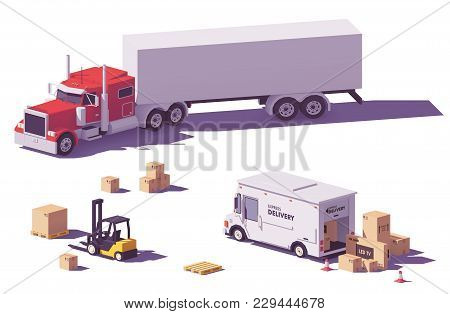Vector Low Poly Heavy American Classic Semi Truck With Semi Trailer, Stepvan And Forklift