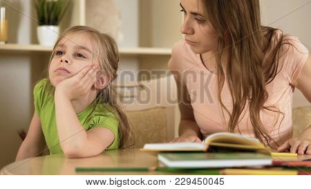 Upset Impatient Mother Making Bored Daughter To Do Homework, Homeschooling, Stock Footage
