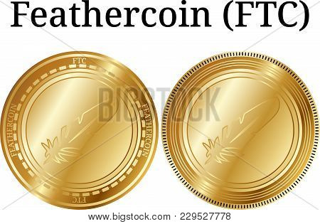 Set Of Physical Golden Coin Feathercoin (ftc), Digital Cryptocurrency. Feathercoin (ftc) Icon Set. V