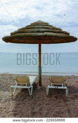 Beautiful Public Sandy Beaches On Red Sea In Eilat With Umbrellas, Luxury Vacation Spa Resorts In Is