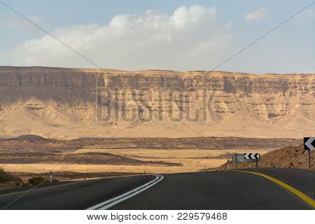 Asphalt Road In Desert Negev, Israel, Road 40, Transport Infrastructure In Desert, Scenic Mountains 