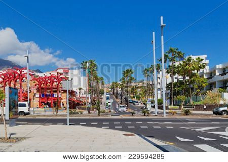 TENERIFE ISLAND, SPAIN - APRIL 10, 2017 : View of the traffic intersection near the commercial center of San Eugenio on the Costa Adeje on Tenerife. Canary Islands. Spain