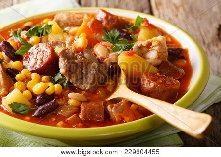 National Dish Cape Verde - Cachupa Stew With Meat And Vegetables Close-up. Horizontal