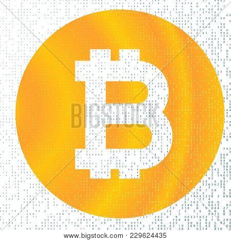 Bitcoin Cryptocurrency Block Chain Flat Symbol. Binary Code Background. Bitcoin Sign For Web Design.