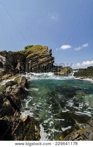 Hidden Beauty Of Kapas Island Located In Terenganu, Malaysia At Sunny Day. Blue Sky And Clear Sea Wa